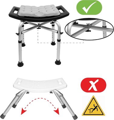 KMINA Shower Stool for Seniors - 150 kg Capacity, Double-Reinforced Crossbar, Cushion, Height Adjustable, Black, Tool-Free Assembly - Made in Europe