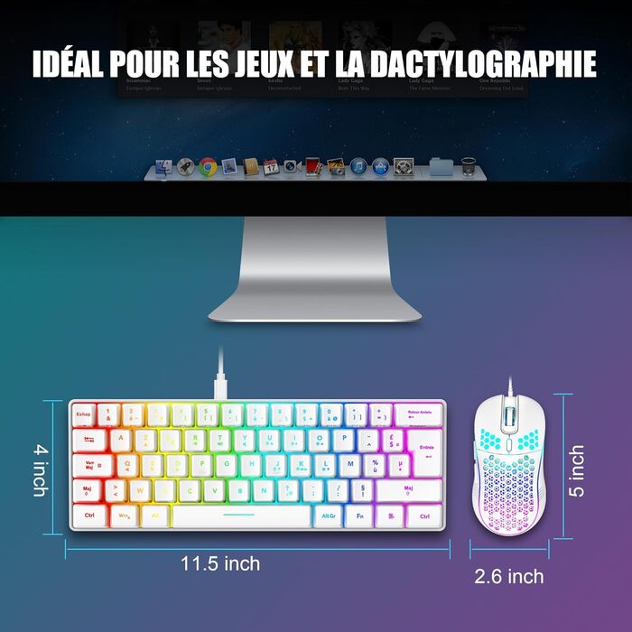 RedThunder K62 Бездротова ігрова клавіатура та миша, RGB, AZERTY, 62 клавіші, Mini, для PC/PS5 (білий)