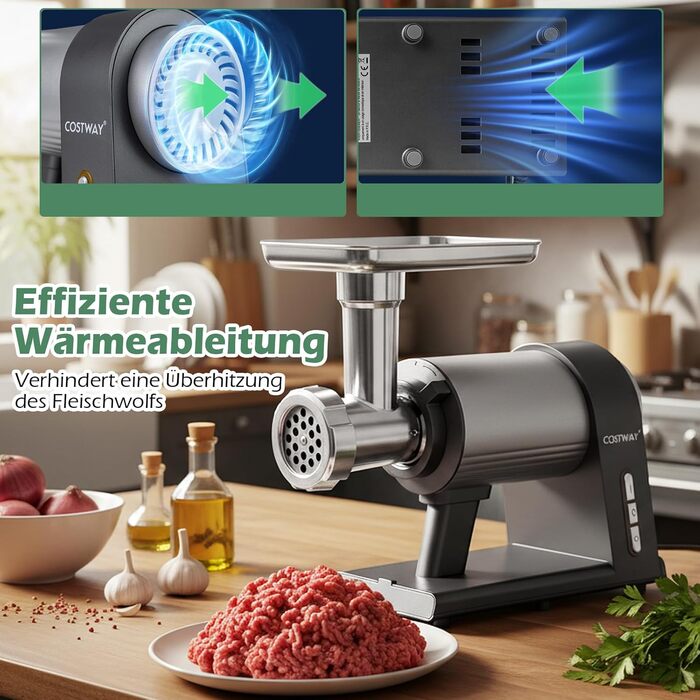 М'ясорубка електрична COSTWAY 2000 Вт з насадками для ковбас та кеббе, 3 диски, контейнер для зберігання - для дому та кухні