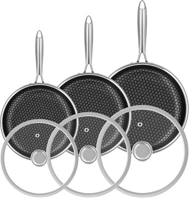 Набір сковорідок RIOVARM з нержавіючої сталі для індукційних плит, антипригарне покриття, 20/26/30 см + кришки, вок, сковорода для смаження та універсальна сковорода, підходить для всіх типів плит, безпечно миється в посудомийній машині, можна використову