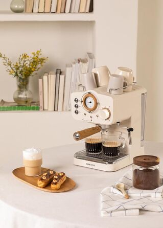 CREATE / THERA MATT RETRO/Espressomaschine Cremeweiß Matt und Holz/Semi-Automatic, with a 15 bar pump and 1100W, 1.25L water tank, for ground coffee, 55 mm. ESE-Pads