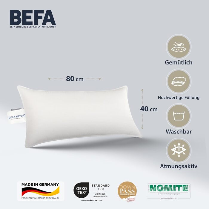 Подушка BEFA NATUR 40x80 см, 3-камерна, 90% пух, 10% перо, антиалергенна, сертифікат OEKO-TEX 100, Downpass, вироблено в Німеччині