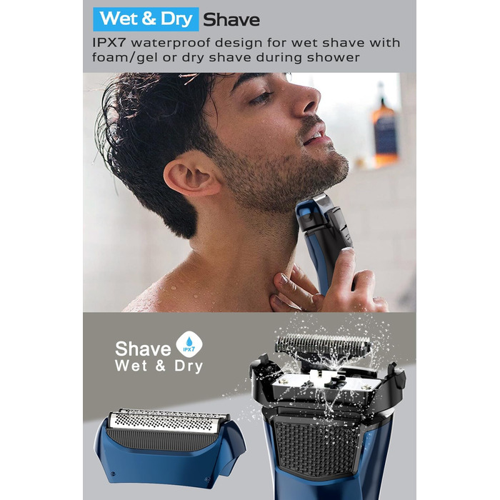 Електрична бритва чоловіча з 3 гнучкими лезами та тримером, синя. Бритва для вологого та сухого гоління, з кейсом для подорожей, акумуляторна, 120 хв роботи. Подарунок для чоловіків