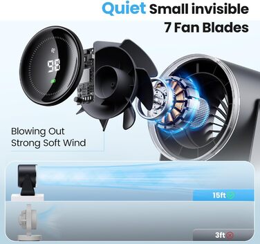 Вентилятор WSKEN з акумулятором - турбо режим, цифровий дисплей, 100 швидкостей, портативний настільний вентилятор, 115° обертання, потужний потік повітря, тиха робота, міні вентилятор для офісу, на вулицю, блакитний/чорний