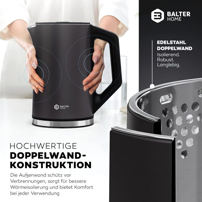 Balter Stainless Steel Electric Kettle with Temperature Control - 40°C to 100°C, Double Wall, BPA Free, 1.7L, 2200W, Quiet Kettle - Dark Grey