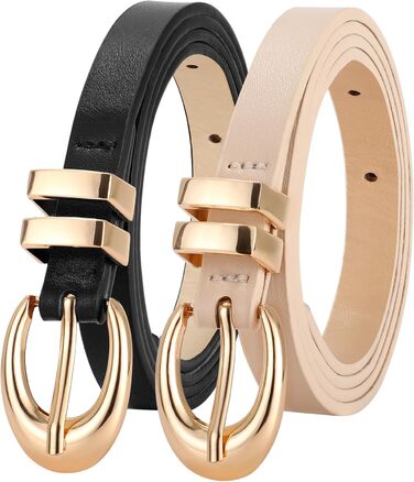 Жіночі шкіряні ремені WERFORU - 2 шт. Тонкі ремені з золотими/срібними пряжками для джинсів, штанів, суконь. Розміри 68-83 см та 99-114 см (чорний+бежевий)