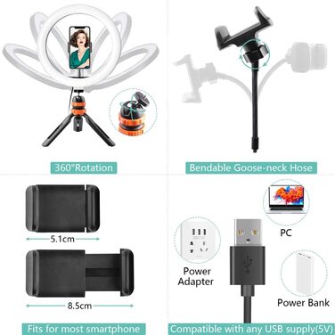 LED кільцева лампа з штативом для телефону 26 см (10 дюймів) - 3 режими світла, 11 рівнів яскравості, регульована, для селфі, макіяжу, стрімінгу