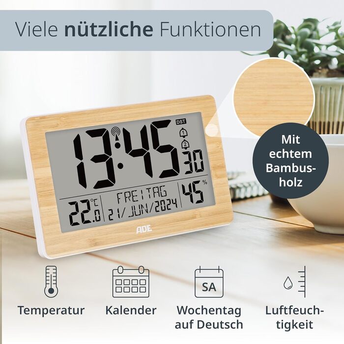 Digital XL Radio Clock with Very Large Digits | Alarm Clock with 2 Alarm Times and Backlight | Thermometer Hygrometer | Slim Frame Made of Real Bamboo