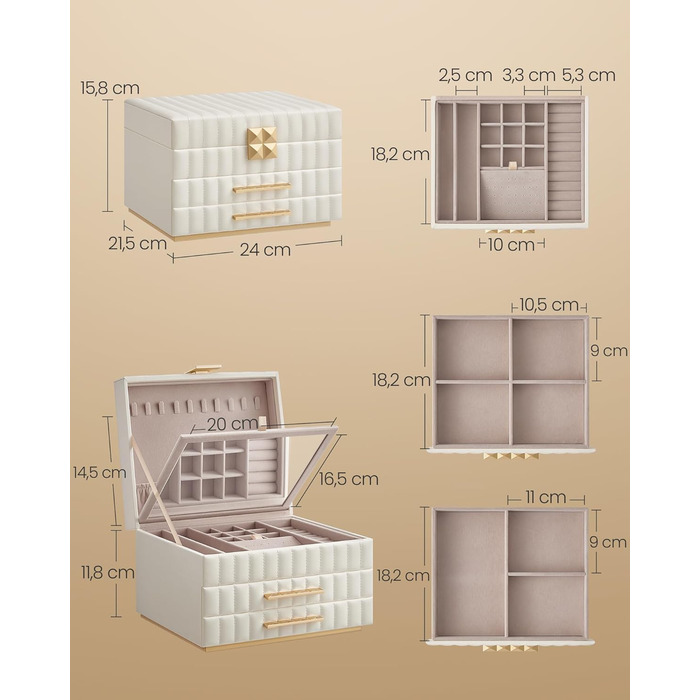 SONGMICS HOME ANAH - Шкатулка для прикрас зі дзеркалом, 3 ящики, 2 висувні шухляди, PU шкіра, ефект пасування, 21,5 x 24 x 15,8 см, подарунок, хмарно-білий JBC183W01