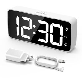 Цифровий LED будильник LATEC з 2 сигналами будильника, функцією Snooze, USB-портом для зарядки, регулюванням яскравості та гучності (90-120 дБ), 8 мелодій, формат 12/24г, мережевий, білий