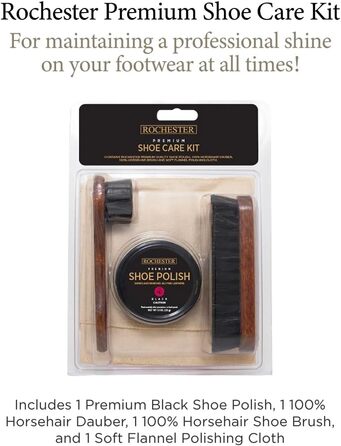 ROCHESTER Premium Shoe Care Set, Leather Shoe Care Kit with Black Shoe Cream, 100% Horsehair Dauber, 100% Horsehair Shoe Brush, and Soft Flannel Polishing Cloth, Shoe Accessories, Natural