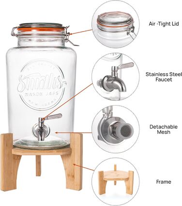 Скляний диспенсер для напоїв Smith's Mason Jars 5 л з нержавіючим краном, фільтром і дерев'яною підставкою — ідеально для лимонаду, води, коктейлів
