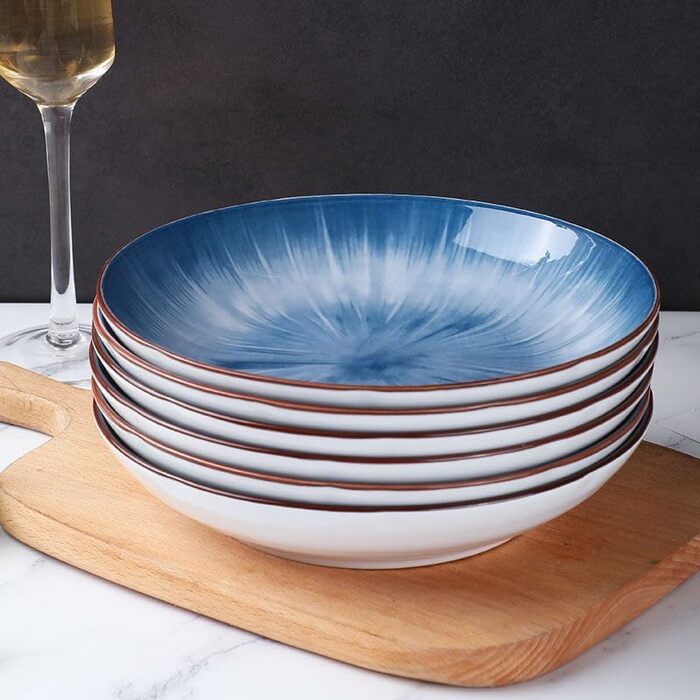 Тарілки для пасти NUTRIUPS 20.5 см, 6 шт. Керамічні тарілки для супу 500 мл, 8 дюймів, мікрохвильова та посудомийна машини, блакитні, набір