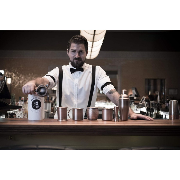 Набір для коктейлів Buddy's Bar Moscow Mule: 2 мідні келихи 500 мл, барна ложка 27 см, джигер 50 мл, чорна преса для лайма, подарункова коробка, харчова мідь, антик, 2 шт.