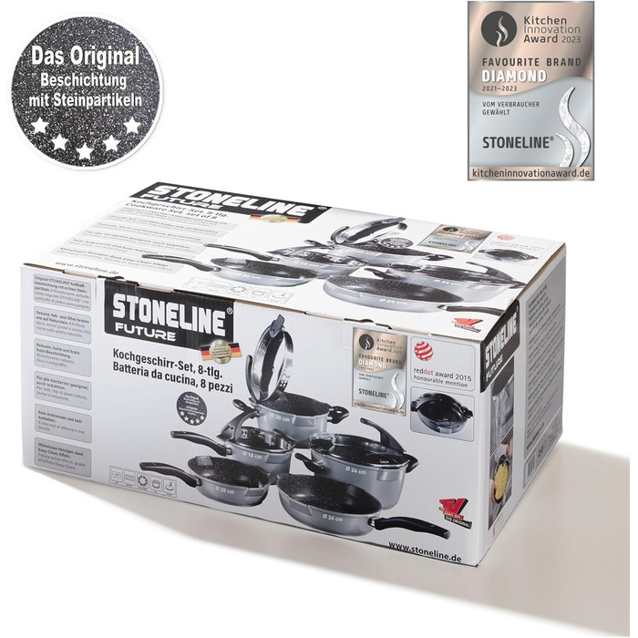 STONELINE Future Induction, 8-piece cookware set with sieve lids, cooking pot set coated with real stone particles, cast aluminum pots and pans suitable for all cooktops