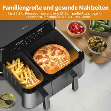 Електрична фритюрниця повітряна 11л, 2 камери з грилем, 10-в-1, без олії, з нагадуванням про струшування <60дБ, з антипригарним покриттям, 78 рецептів