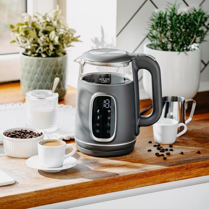 Електричний чайник Adler з регулюванням температури 2200W, 1.7L з LED-дисплеєм та сенсорною панеллю, 5 програм, функція підтримання тепла, фільтр, темно-сірий сріблястий колір