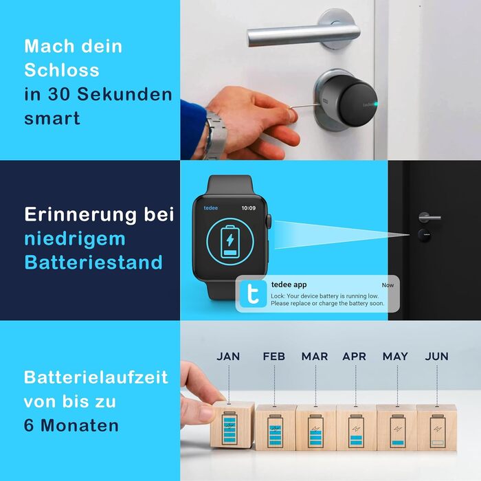 Розумний дверний замок tedee Lock GO, Bluetooth, керування через додаток, без заміни циліндра, для iPhone та Android, Smart Home, чорний, 58x65 мм