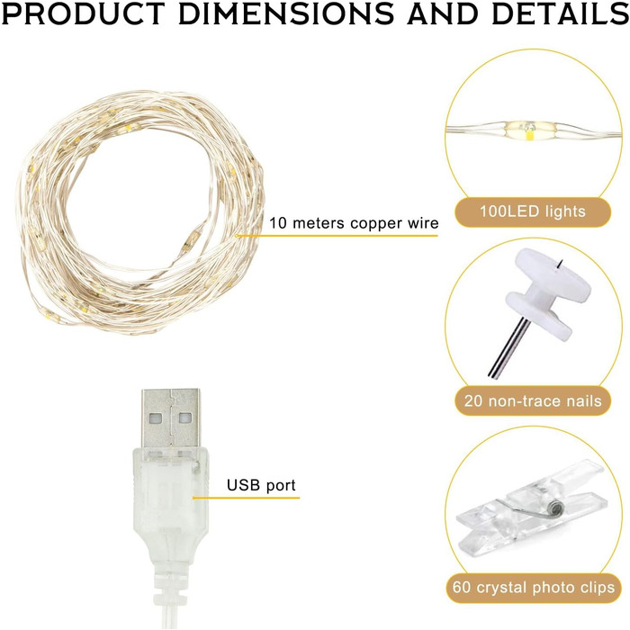 Гірлянда світлодіодна зовнішня/внутрішня 23м, 200 LED, 8 режимів, функція пам'яті, тепле світло, з USB, для декору