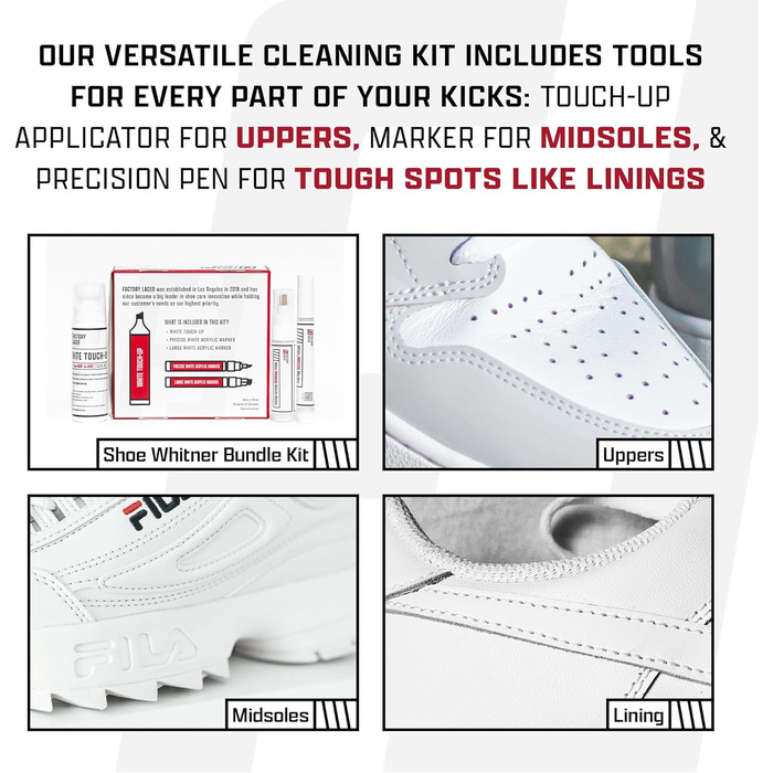 FACTORY LACED Sneaker Cleaner White Set including White Touch-Up Pen, Premium Midsole Marker, and Precise White Marker – Safe on Leather, Fabric, Nylon and more