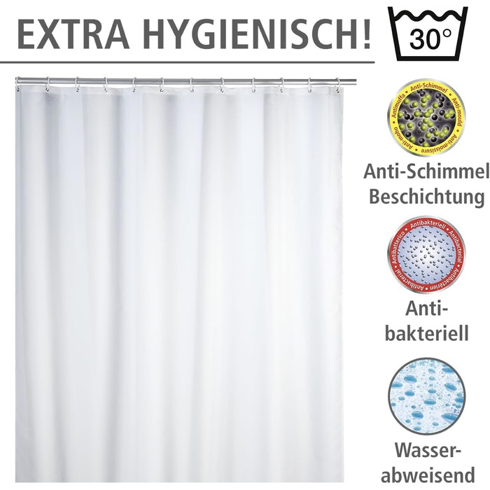 Штора для душу WENKO Anti-Schimmel (антигрибкова), текстильна, 180x200 см, біла - з кільцями для кріплення