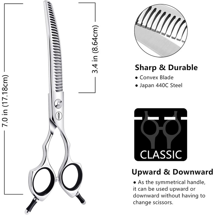 Ножиці для грумінгу собак та котів HASHIMOTO, вигнуті, 33 зубці, 17.8 см, 65% розрідження, легкі. Ідеально для професійних грумерів та домашнього використання.