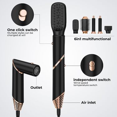 Фен-щітка 6 в 1 для волосся, Airstyler Set, автоматичний локонів, термощітка, фен, для жінок, чорний