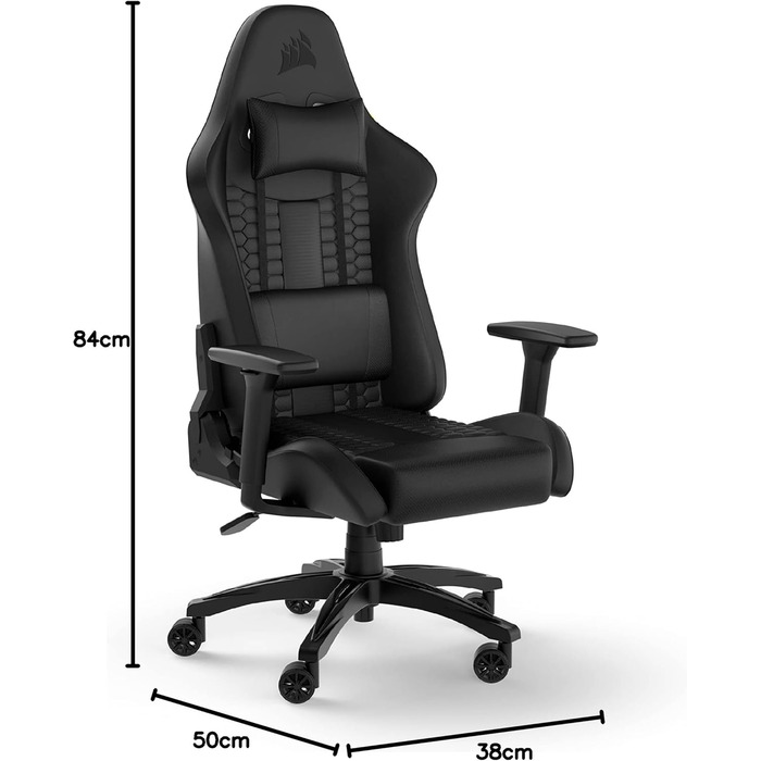 Ігрове крісло Corsair TC100 Relaxed з екошкіри, чорне, ергономічне, регульовані підлокітники, подушка для попереку та знімна подушка з піни пам’яті, стиль автоспорту