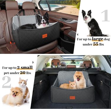 Wooaidagg Dog Car Seat for Medium & Large Dogs - Washable Memory Foam Pet Car Bed with 2 Leashes (Black/Grey)