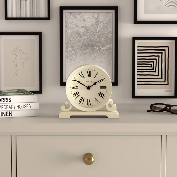 JONES CLOCKS® Saloon Table Clock | Traditional Double-Scroll Design | | Roman Numerals | Classic style for desk, table, shelf or bedside table. (White)