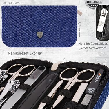 Набір для манікюру DREI SCHWERTER 'Roma' з 8 інструментами: ножиці для нігтів, ножиці для кутикули, кусачки для нігтів, інструмент для очищення нігтів, пінцет, скляний наперсток для нігтів, алмазний наперсток для нігтів - колір джинс/блакитний