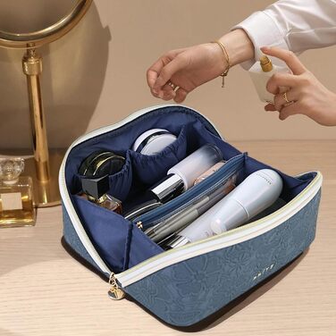 Косметичка для подорожей з великою місткістю, водонепроникна, з прозорими роздільниками, блакитна з квітковим принтом