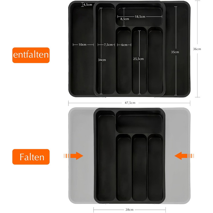 Органайзер для столових приборів в шухляду (28-47.5 см, XXL, чорний) - Розсувний лоток для ложок, виделок, ножів