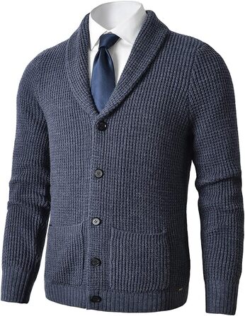 Чоловічий в'язаний светр з коміром-шарфом, візерунок коси, ґудзикова застібка, мериносова вовна, сучасний класичний стиль (S, темно-синій)