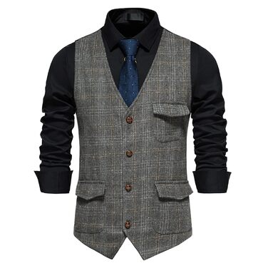 Чоловіча жилетка в клітинку Tweed, сіра, з кишенею. Ідеальна для бізнесу та відпочинку (S)