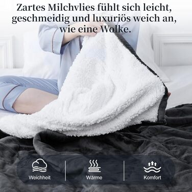 Електрична ковдра Netraty з автовимкненням 130x180 см, 8 режимів нагріву, таймер 1-12 годин, захист від перегріву, пральна машина, фланель-шерпа, сіра для дому та офісу