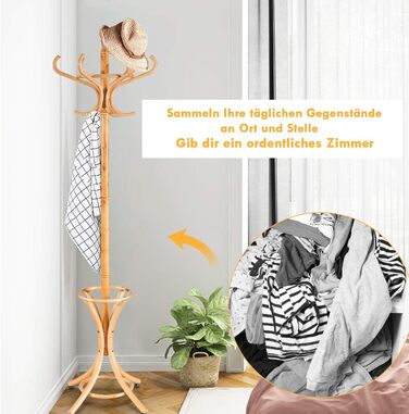 COSTWAY 184cm Wardrobe Rack with Umbrella Holder, Coat Rack with 12 Clothes Hooks, Clothes Rack made of Wood, Freestanding Wardrobe for Entryway, Living Room, and Bedroom (Natural)