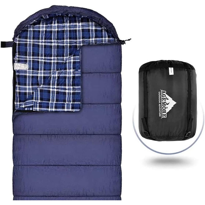 Adult Cotton Flannel Sleeping Bag - Camping, Hiking, Travel - Lightweight 3-4 Season Sleeping Bag (Blue/Blue)