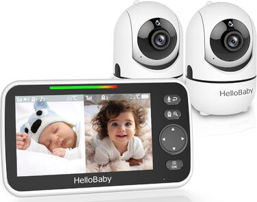 Відеоняня HelloBaby з 5-дюймовим екраном, 30 годин роботи, поворотна камера, нічне бачення, двосторонній зв'язок, 8 колискових, радіус дії 300 метрів (HB6550-2)