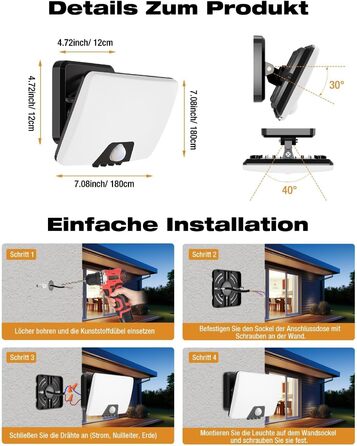 Зовнішній LED-світильник vighep з датчиком руху, 24 Вт, 3000K-6500K, теплий/нейтральний/холодний білий, IP65, для гаража, саду, двору, вхідних дверей, 2 шт.