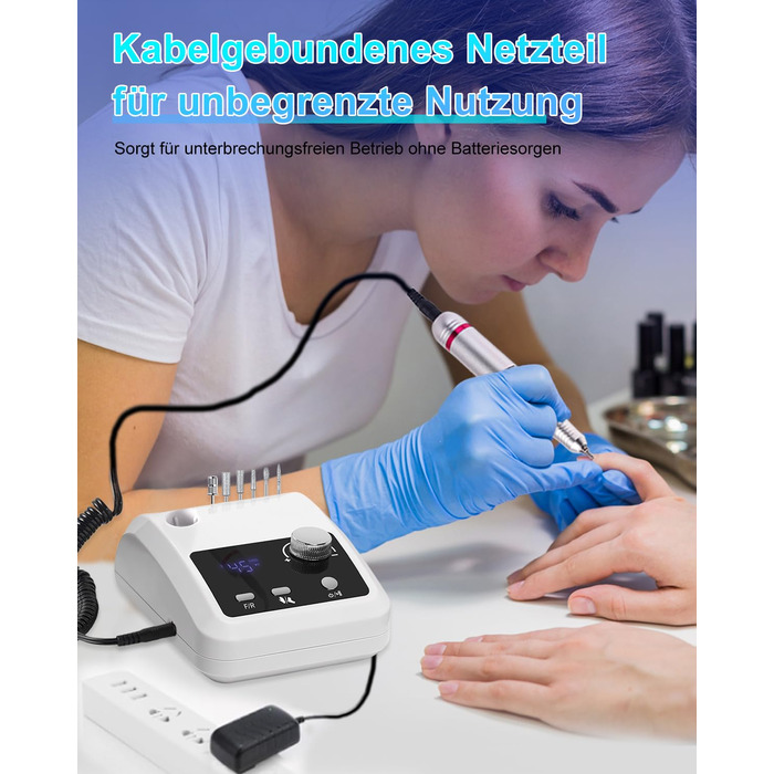 Електрична машинка для манікюру та педикюру CozyZen Professional: 45000 об/хв, LCD-дисплей, керування рукою/ногою, тиха робота, для акрилу та гелю, білий