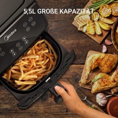 Аерофритюрниця Midea MF-TN40D2 XL 4 л, 1500 Вт, Dual Cyclone, 90% менше жиру, таймер 60 хв, контроль температури до 200°C, авто відключення, чорна