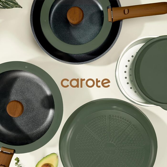Набір посуду Carote 18 предметів темно-зеленого кольору з керамічним антипригарним покриттям для індукційних плит, знімні ручки, безпечний (PFOA-free), термостійкий, компактне зберігання