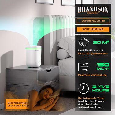 Зволожувач повітря Brandson з пультом керування, 2.2 л, LED-підсвітка, таймер, тиха робота, LED-індикатори, для вітальні, дитячої кімнати, спальні