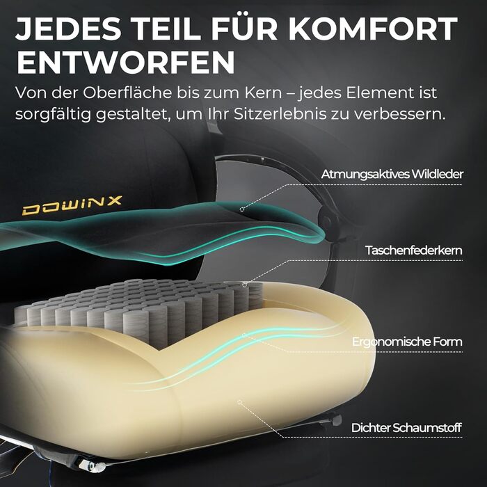 Ігровий крісло Dowinx з ергономічною підтримкою попереку, регульованою підголівником, посиленим сидінням, висувною підніжкою, регульованими підлокітниками, мікрофібровим велюром, нахилом 160°, чорне