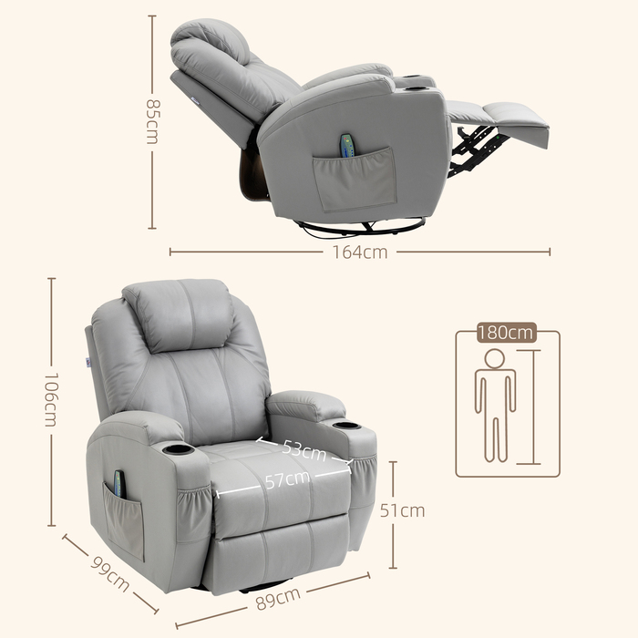 HOMCOM Electric TV Recliner Chair, Weight Capacity 150 kg, Stressless Recliner with Lie-Flat Function, Faux Leather, Light Grey