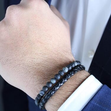 Браслет чоловічий з натурального каменю 6 мм та шкіри, магнітний замок, коричневий