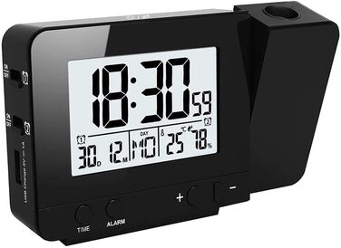 Projection Alarm Clock Digital Clock with Time, Temperature Projection, Dual Alarm, Humidity, Snooze, Timer, Calendar, USB Port (Black)