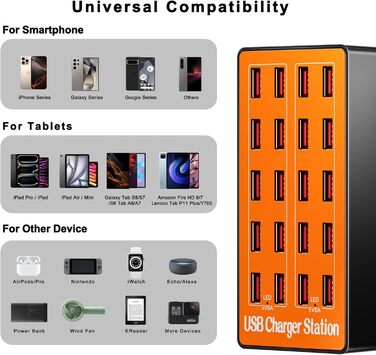 USB зарядний пристрій на 20 портів: Інтелектуальна станція для зарядки iPhone, Samsung, Google та інших пристроїв. Мережевий адаптер USB-хаб для десктопу