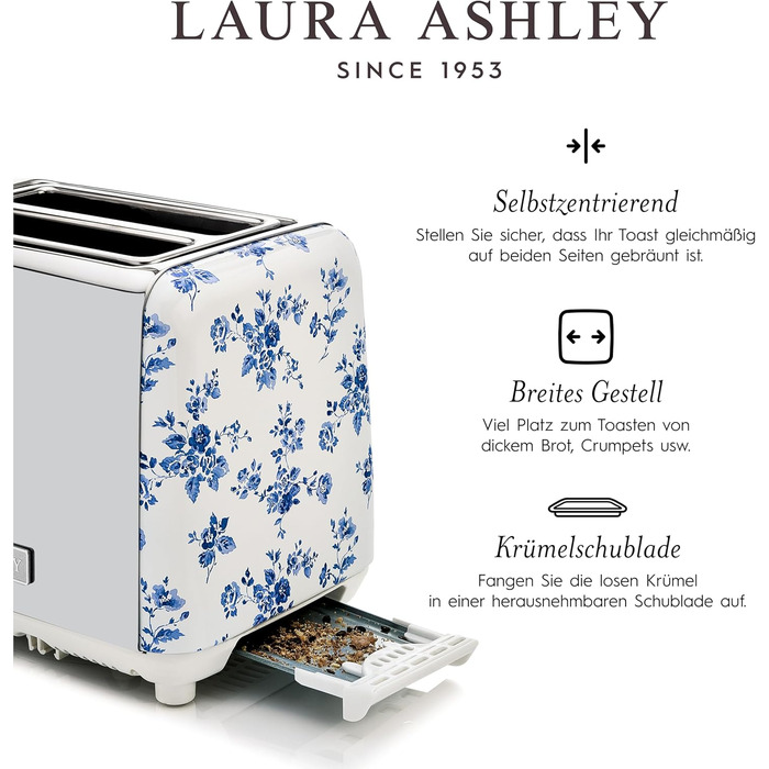 Тостер VQ Laura Ashley з 4-ма тостами, регулюванням нагріву, функцією розморожування та підігріву - модель Vintage з підставою для круасанів, нержавіюча сталь, колір 